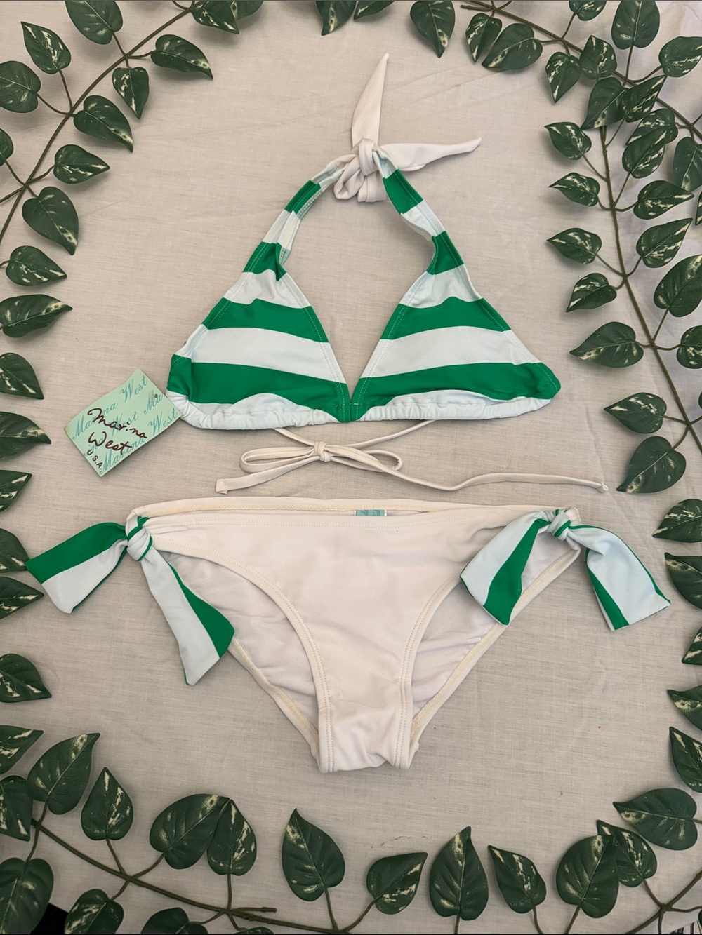 Striped Green & White Halter Bikini Set